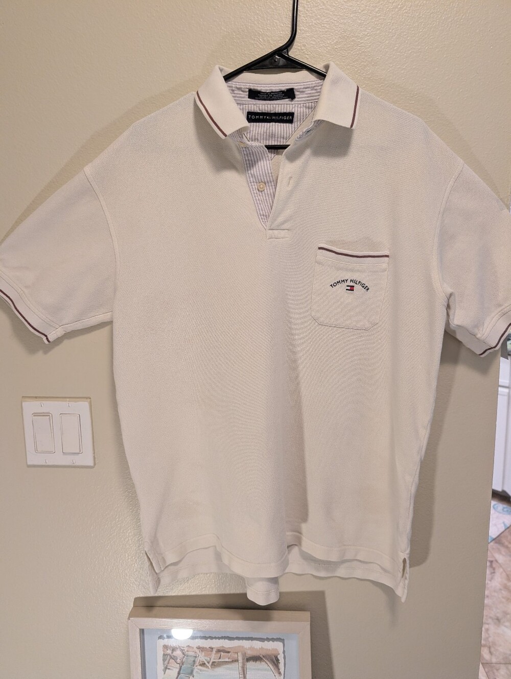 Tommy Hilfiger White Polo with Subtle Red & Navy Trim Mens Size L